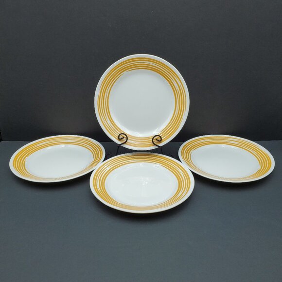 Corelle Strokes of Color Brushed Lemon Yellow Luncheon Plates Gold Bands Stripes - Picture 1 of 5